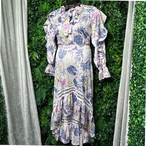 Denimland Dress Women's‎ Large Pink Floral Ruffle Maxi Tie Neck Long Sleeve 2995
